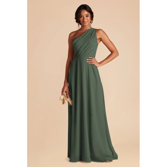 Birdy Grey Dress Kira S Small Green One Shoulder Chiffon Maxi Bridesmaid Pockets - Picture 1 of 8